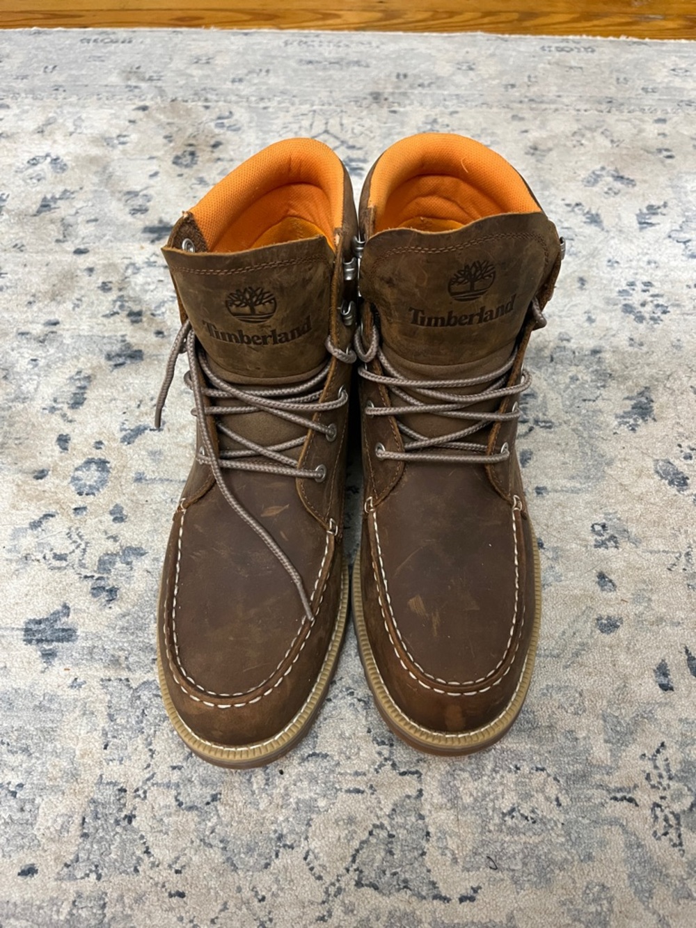 Timberland Brown Leather Moccasin-Style Work Boots with Orange Lining